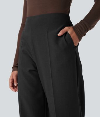 Pantalones de trabajo rectos de cintura alta con cremallera y bolsillos