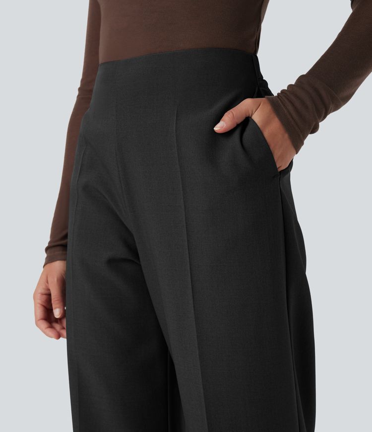 Pantalones de trabajo rectos de cintura alta con cremallera y bolsillos