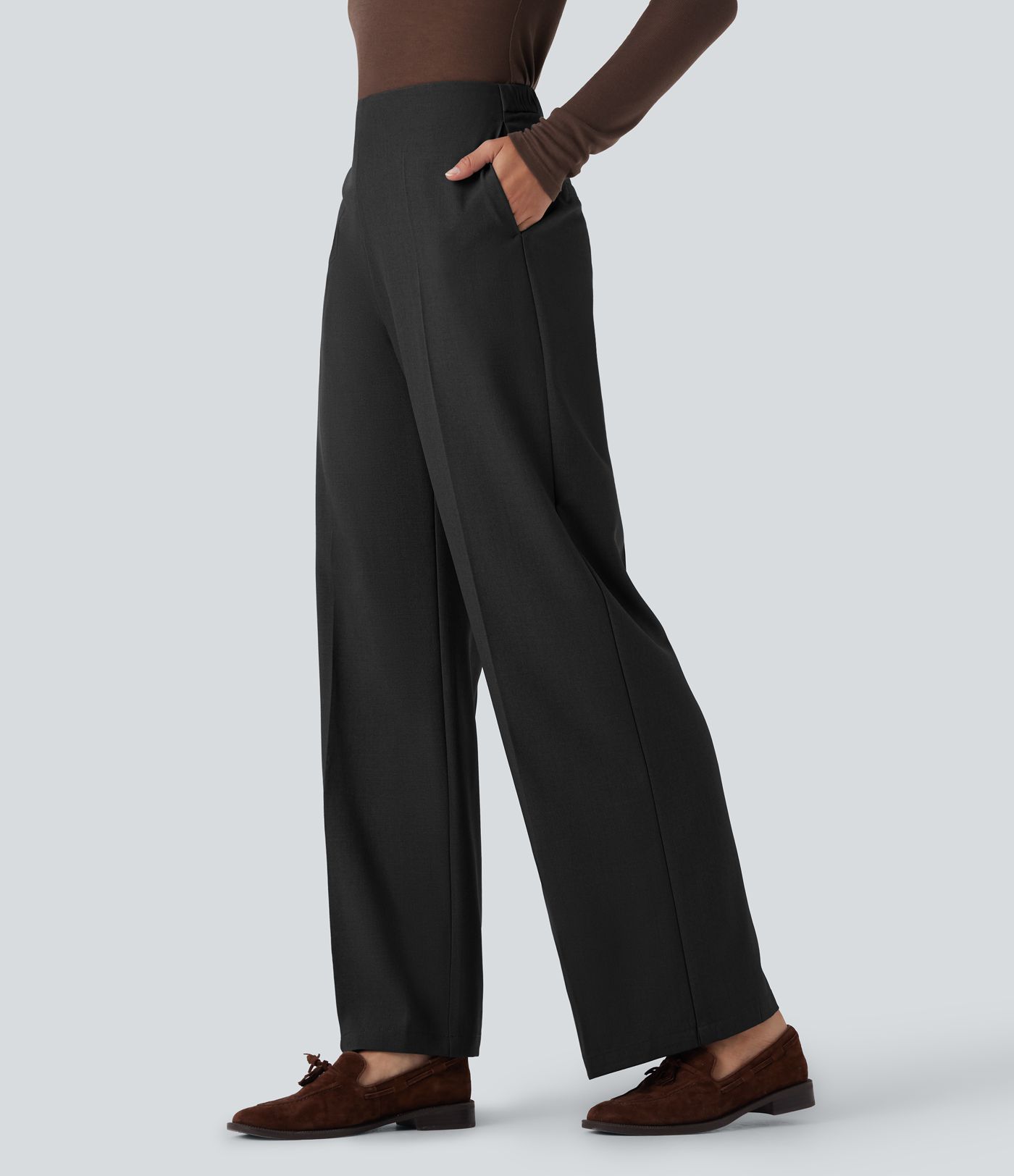 Pantalones de trabajo rectos de cintura alta con cremallera y bolsillos