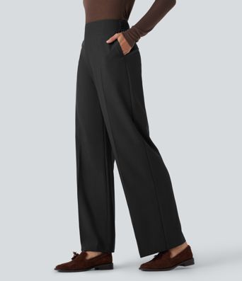 Pantalones de trabajo rectos de cintura alta con cremallera y bolsillos