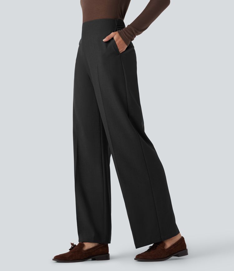 Pantalones de trabajo rectos de cintura alta con cremallera y bolsillos