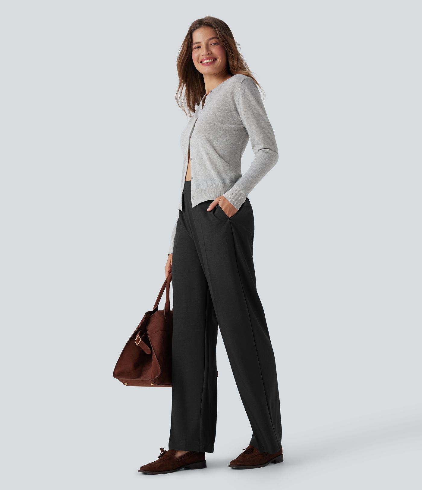 Pantalones de trabajo rectos de cintura alta con cremallera y bolsillos