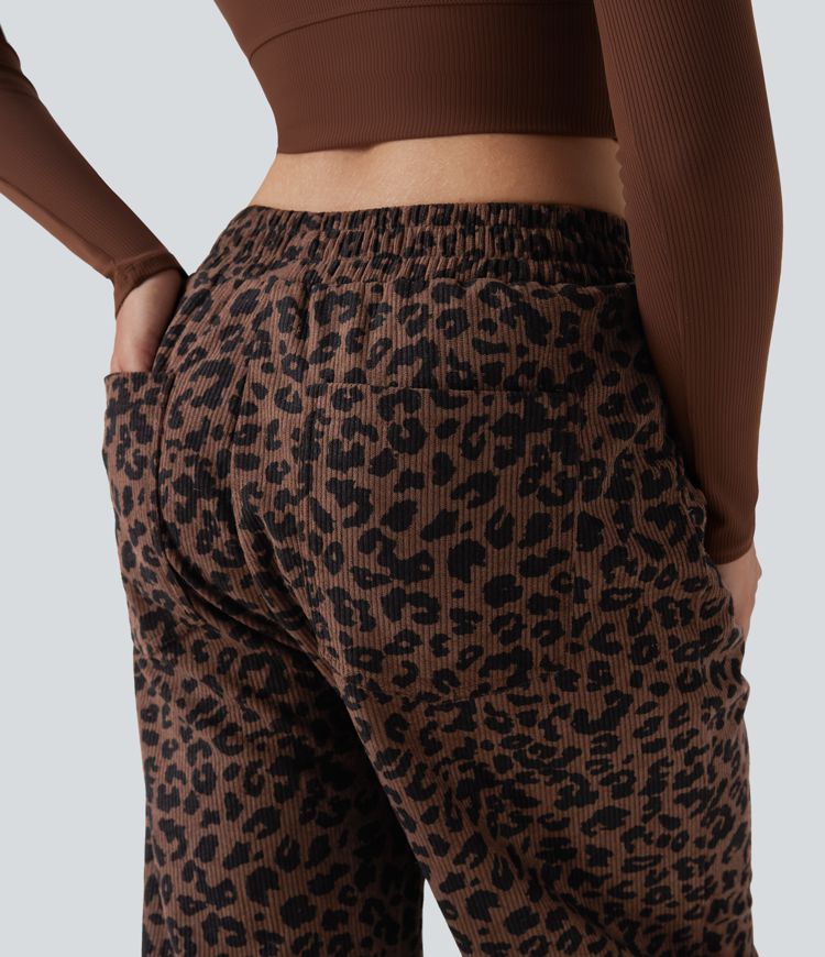 High Waisted Leopard Print Corduroy Casual Baggy Trousers with Pockets