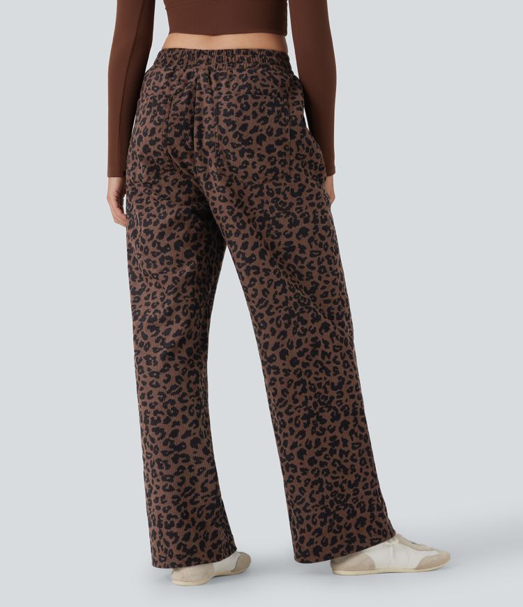 High Waisted Leopard Print Corduroy Casual Baggy Pants with Pockets