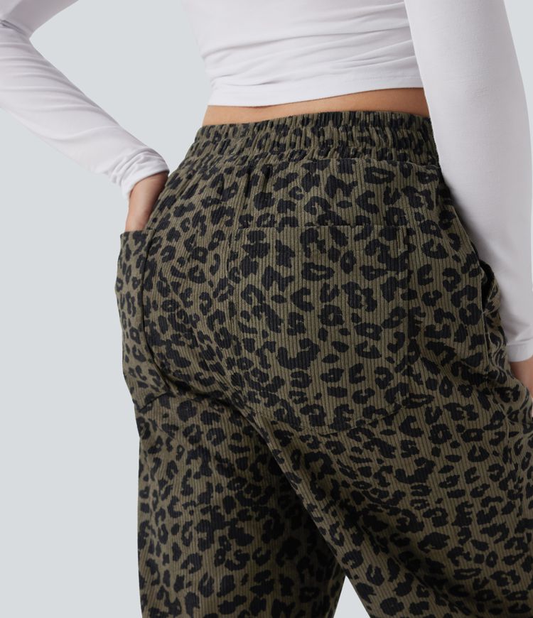 High Waisted Leopard Print Corduroy Casual Baggy Pants with Pockets