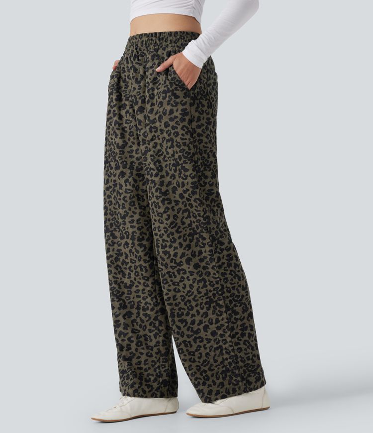 High Waisted Leopard Print Corduroy Casual Baggy Pants with Pockets