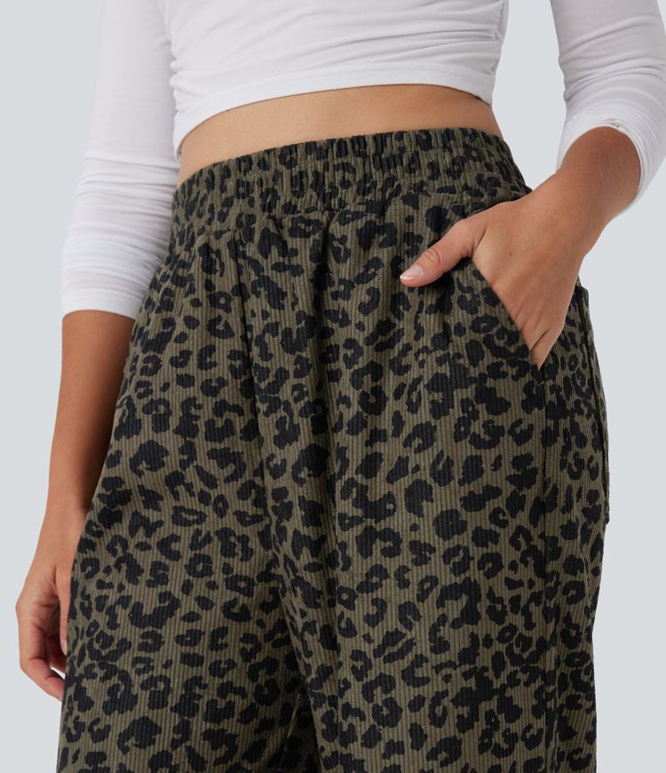 High Waisted Leopard Print Corduroy Casual Baggy Pants with Pockets