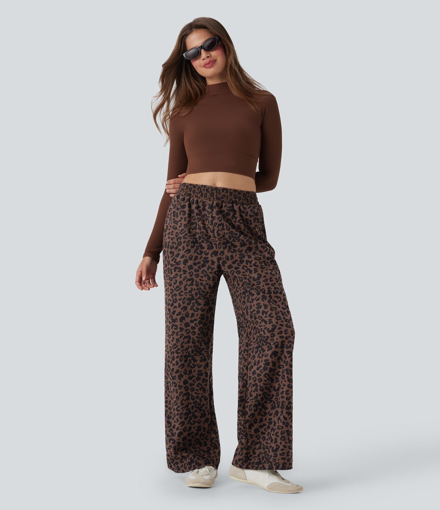 High Waisted Leopard Print Corduroy Casual Baggy Trousers with Pockets