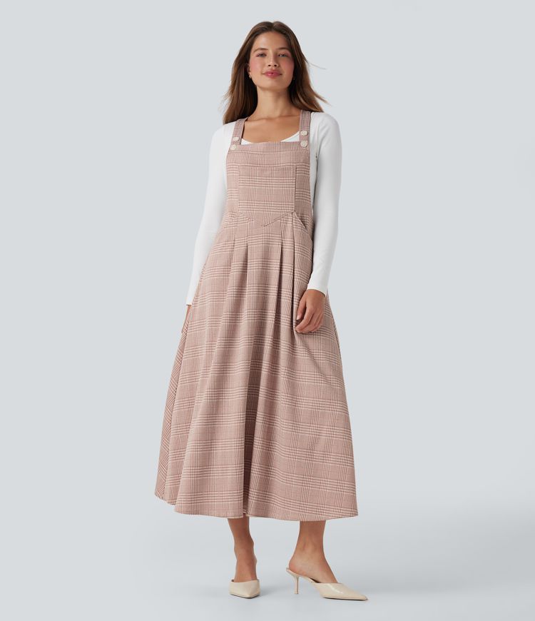 Houndstooth Plaid Midi Work Jumper Dress with Pockets