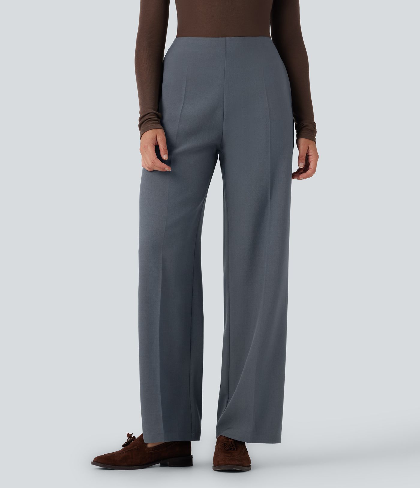 High Waisted Zipper Straight Leg Work Pants with Pockets
