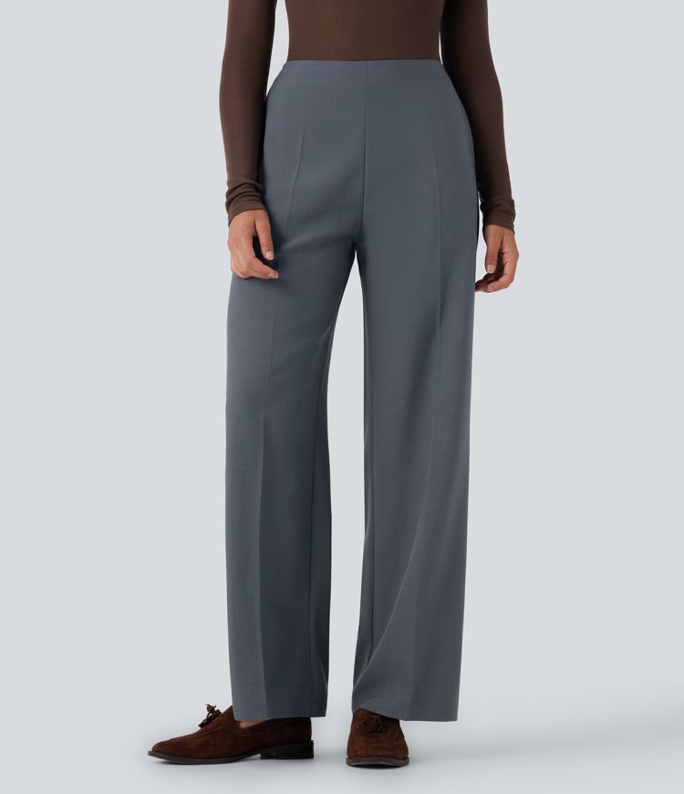 High Waisted Zipper Straight Leg Work Pants with Pockets