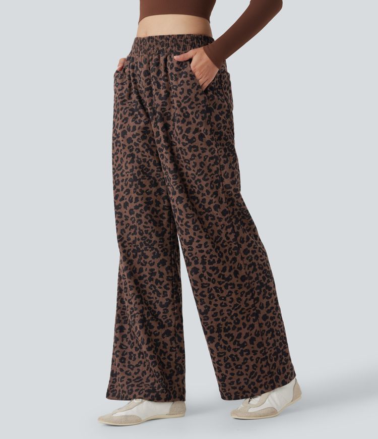 High Waisted Leopard Print Corduroy Casual Baggy Trousers with Pockets