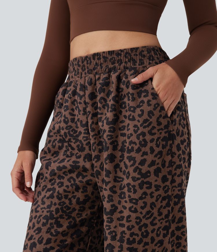 High Waisted Leopard Print Corduroy Casual Baggy Trousers with Pockets