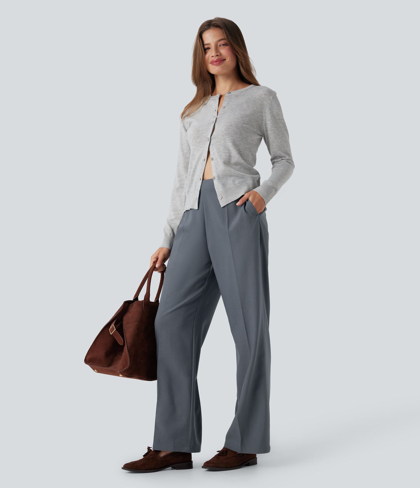 High Waisted Zipper Straight Leg Work Pants with Pockets