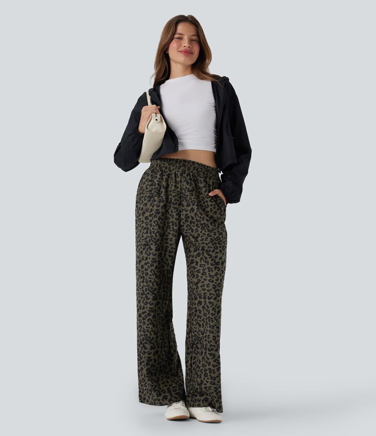 High Waisted Leopard Print Corduroy Casual Baggy Pants with Pockets
