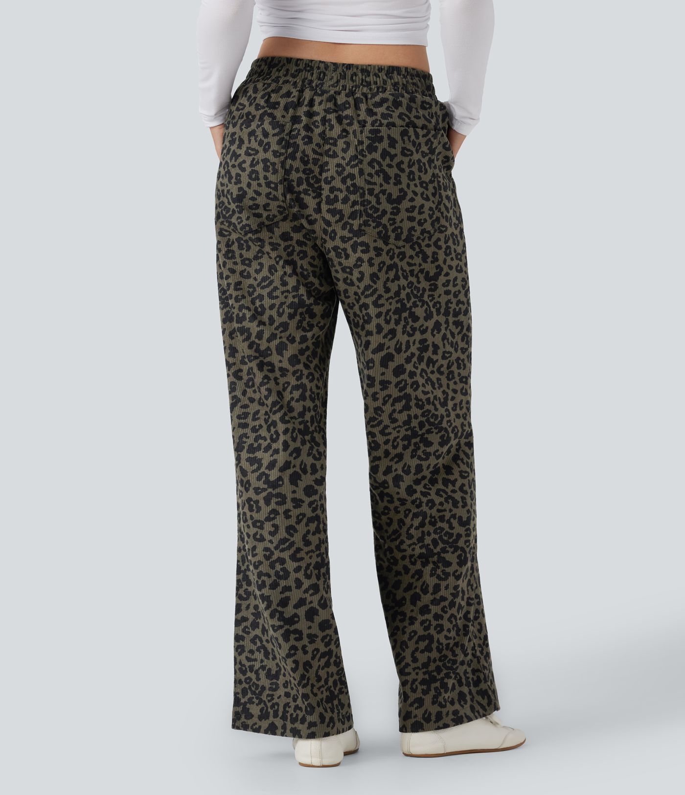 Pantalones casuales holgados de pana con estampado de leopardo y cintura alta con bolsillos