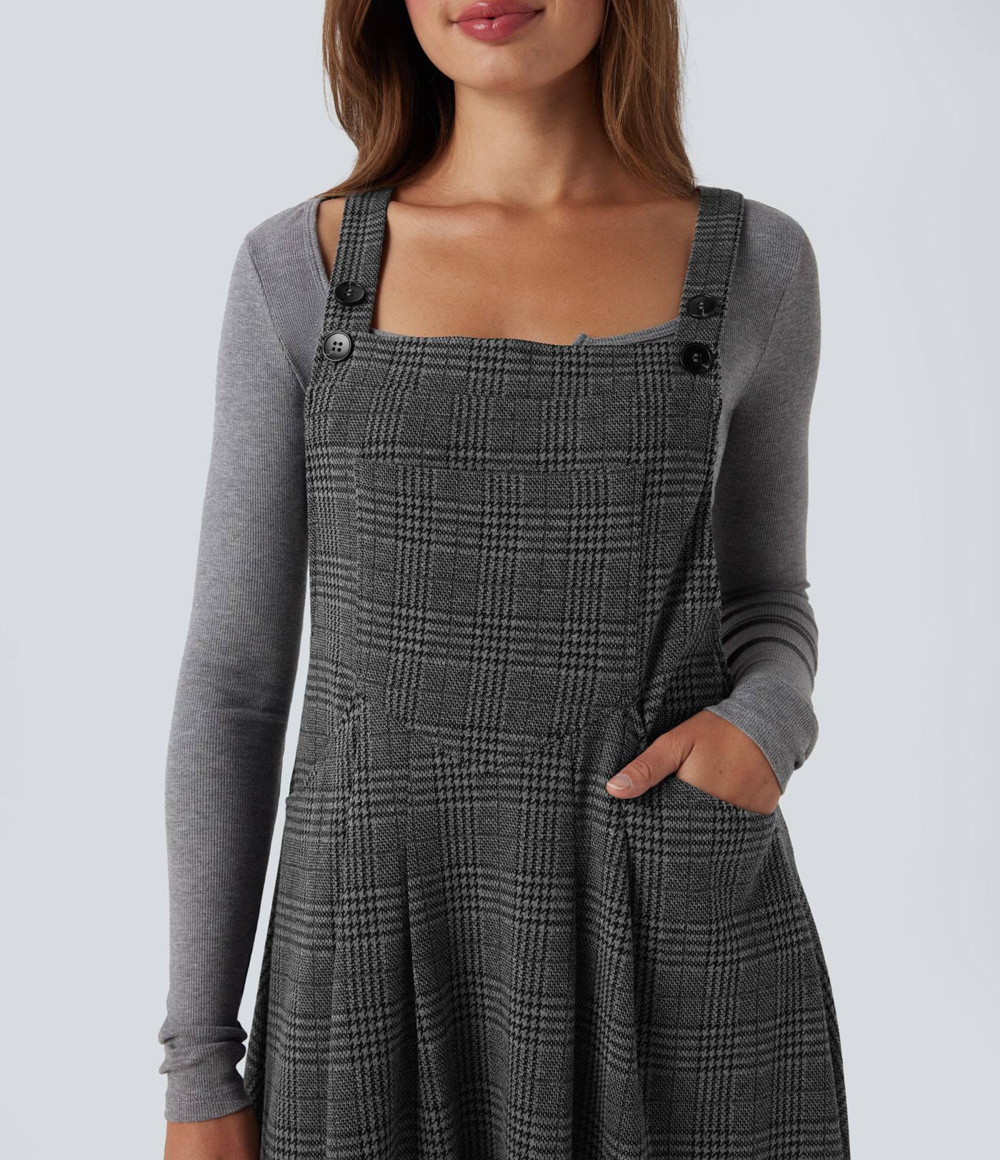 Houndstooth Plaid Midi Work Jumper Dress with Pockets