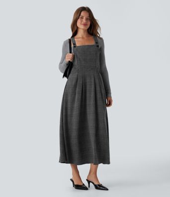 Houndstooth Plaid Midi Work Jumper Dress with Pockets