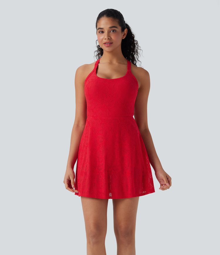Lace Backless Twisted 2-in-1 Mini Dance Active Dress with Pockets-Easy Peezy
