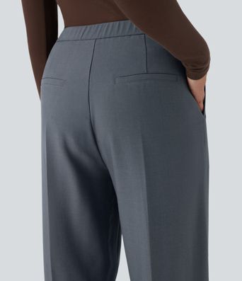 High Waisted Zipper Straight Leg Work Pants with Pockets