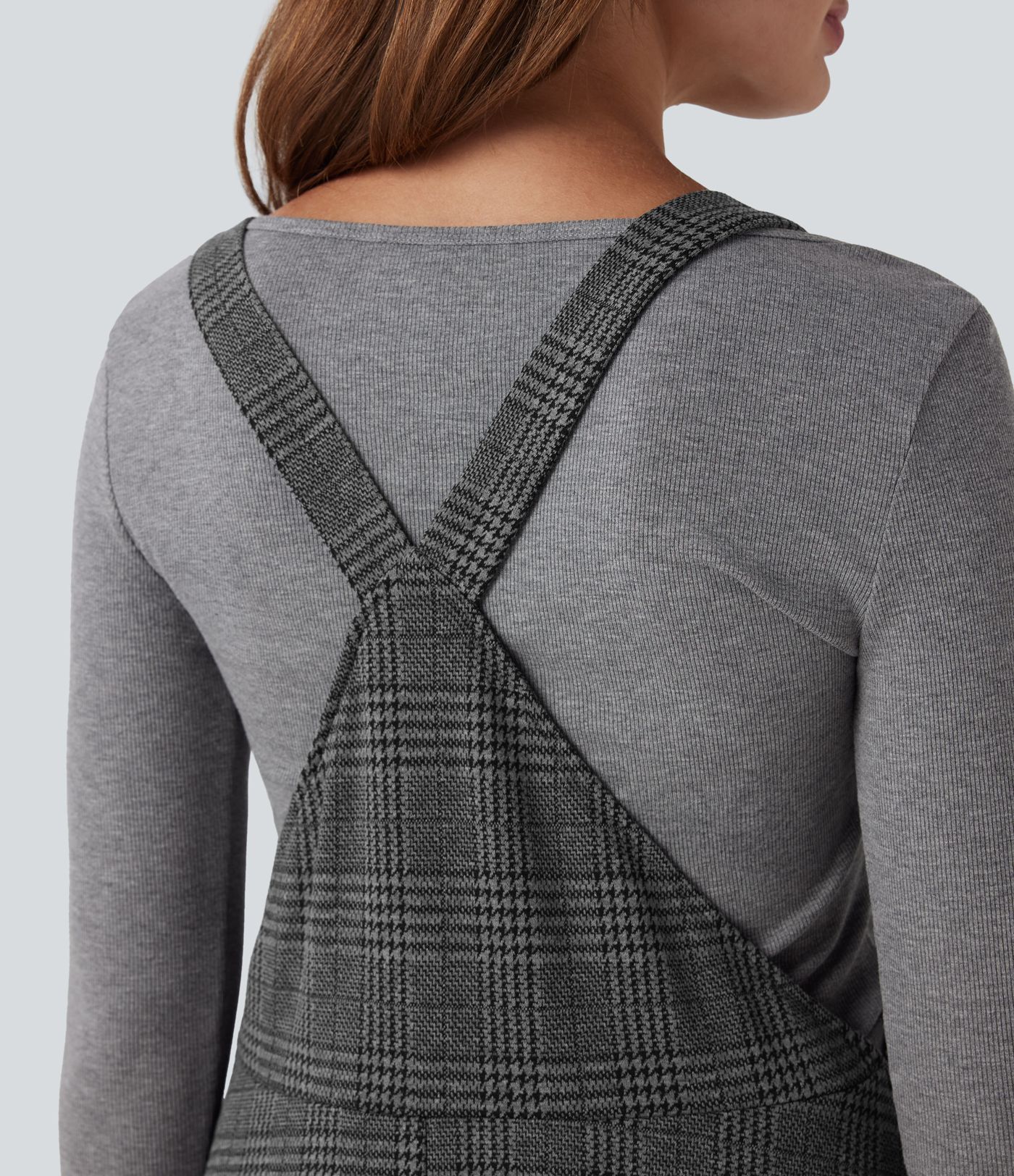 Houndstooth Plaid Midi Work Jumper Dress with Pockets