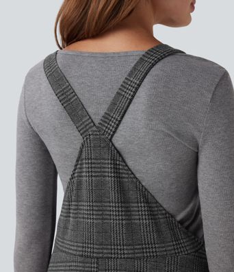 Houndstooth Plaid Midi Work Jumper Dress with Pockets