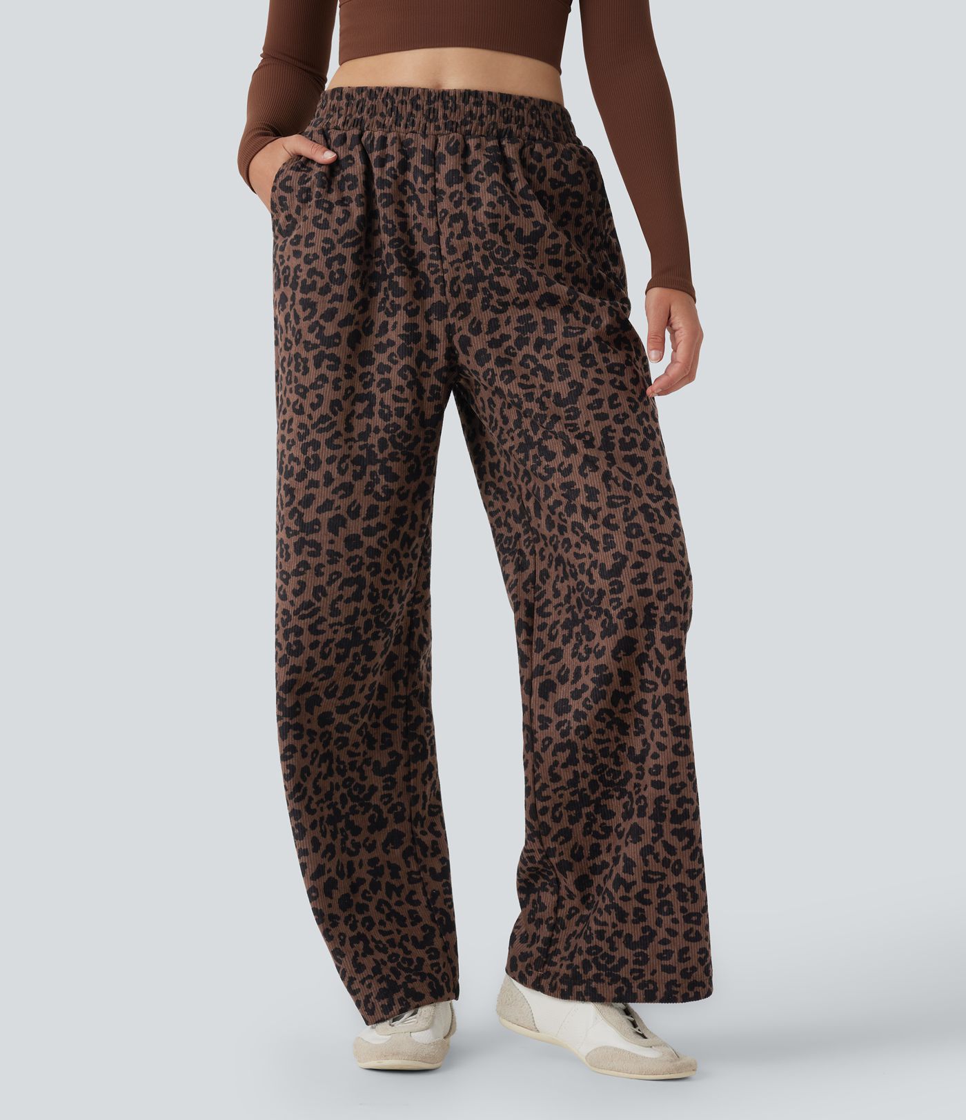 High Waisted Leopard Print Corduroy Casual Baggy Trousers with Pockets