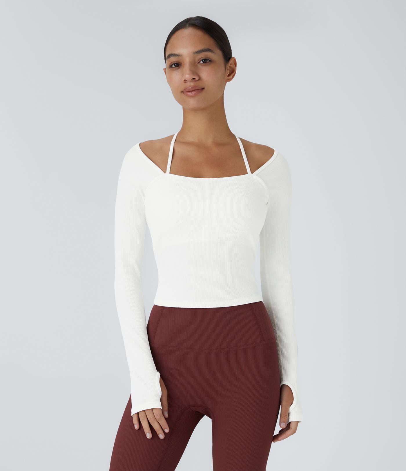 Rib Knit Halter Strap Thumb Hole Yoga Sports Top