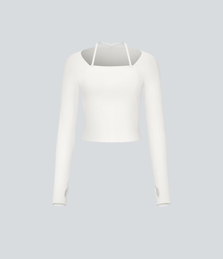 Camiseta deportiva yoga agujero para pulgar tirante halter espalda acanalada