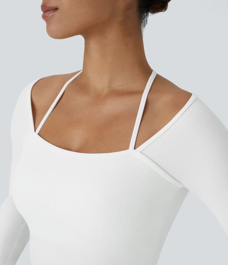 Camiseta deportiva yoga agujero para pulgar tirante halter espalda acanalada