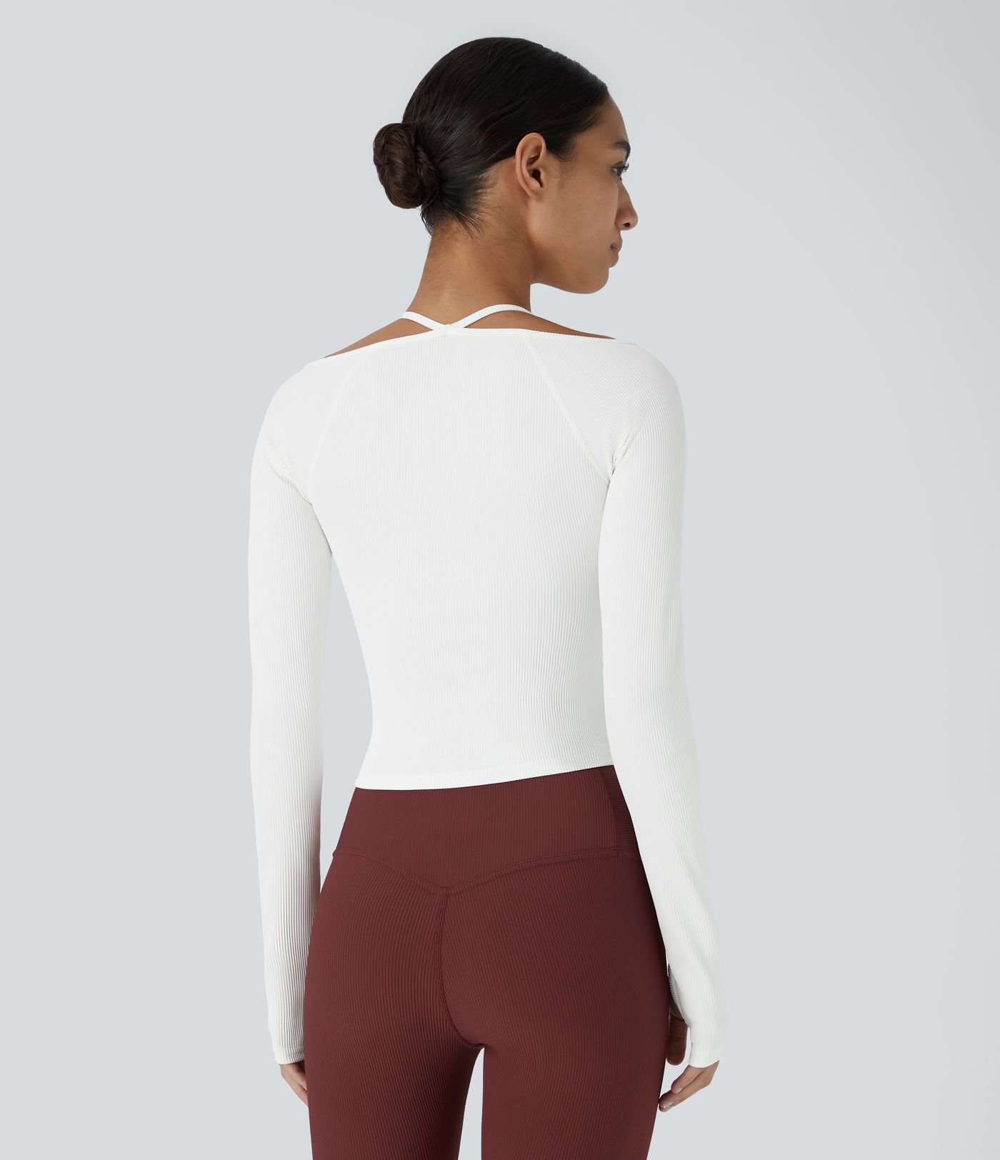 Rib Knit Halter Strap Thumb Hole Yoga Sports Top