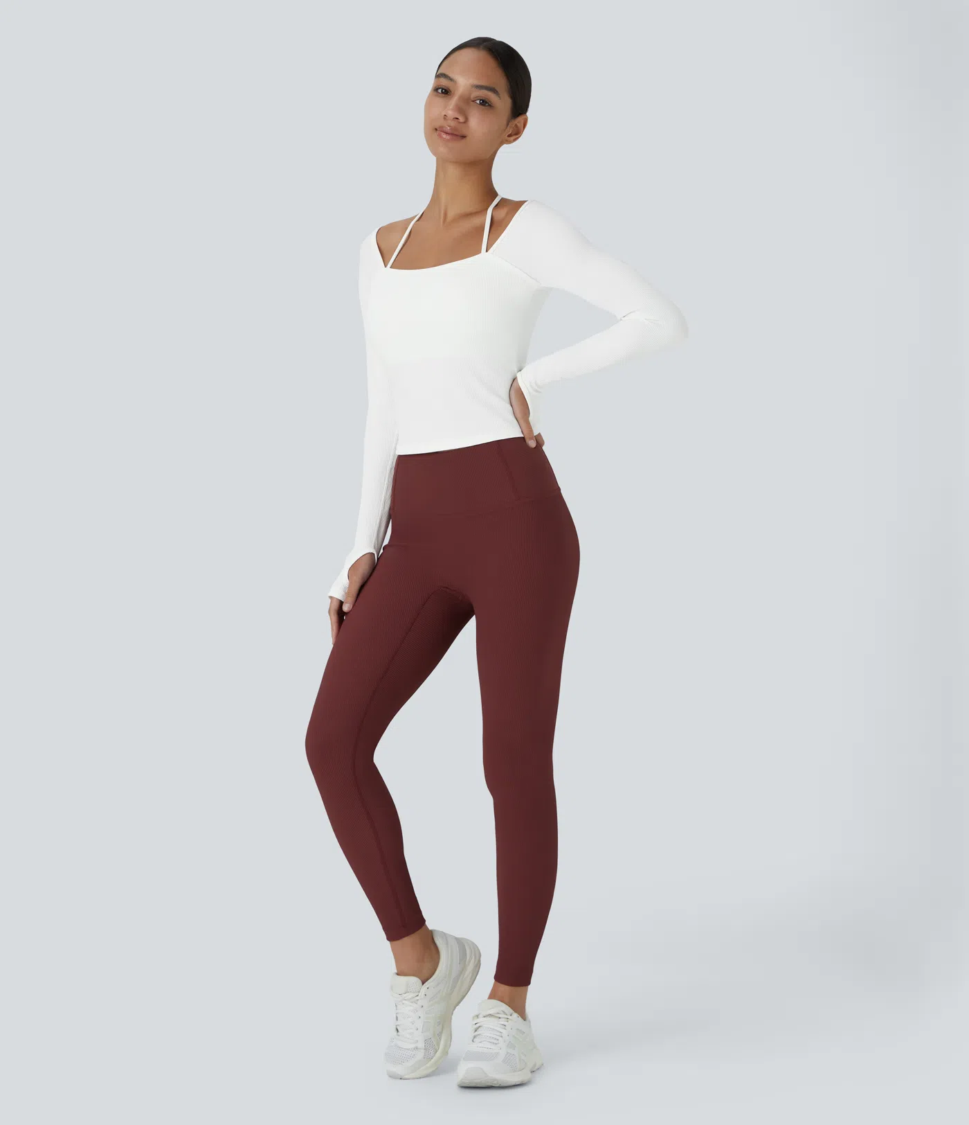 Camiseta deportiva yoga agujero para pulgar tirante halter espalda acanalada