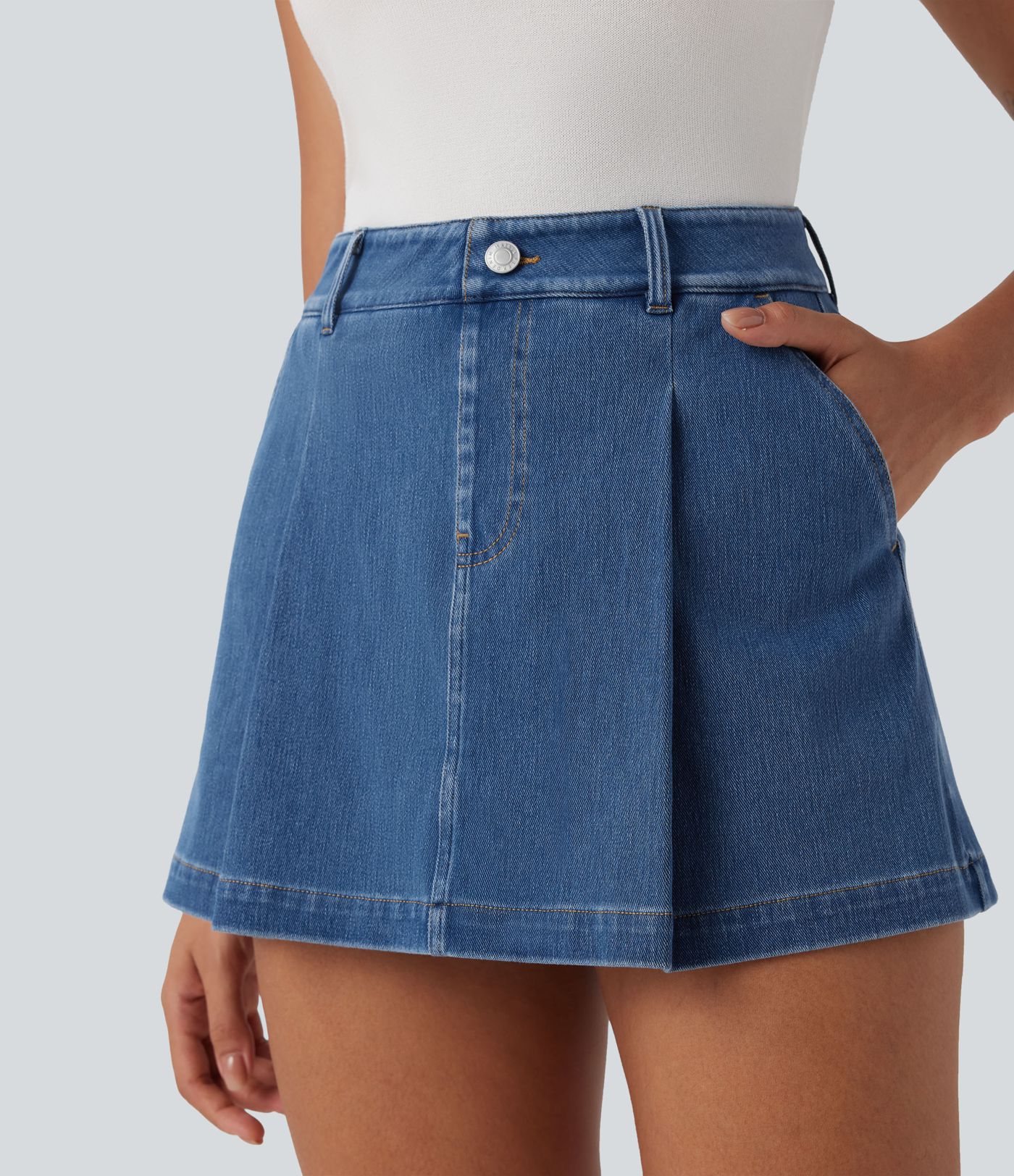 Halara Flex™ High Waisted 2-in-1 Washed Stretchy Knit Denim Casual A-line Skort with Pockets