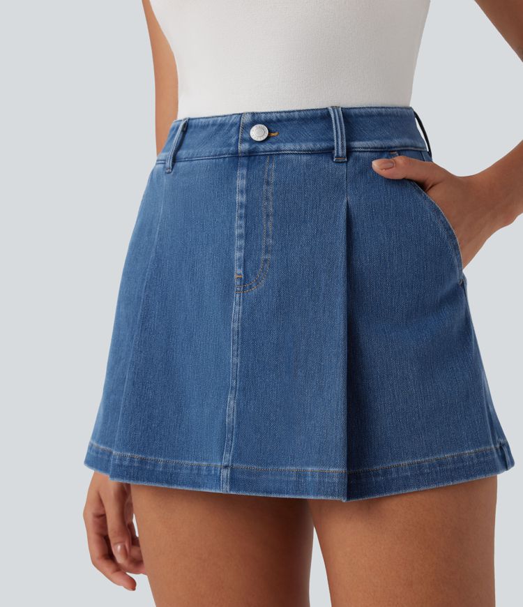Halara Flex™ High Waisted 2-in-1 Washed Stretchy Knit Denim Casual A-line Skort with Pockets