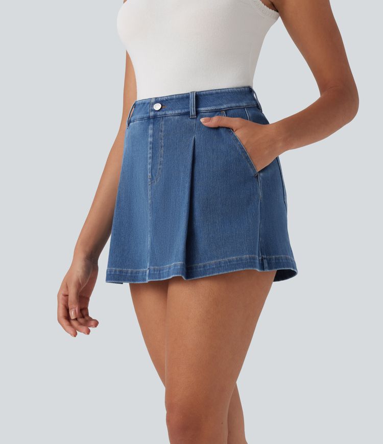Halara Flex™ High Waisted 2-in-1 Washed Stretchy Knit Denim Casual A-line Skort with Pockets