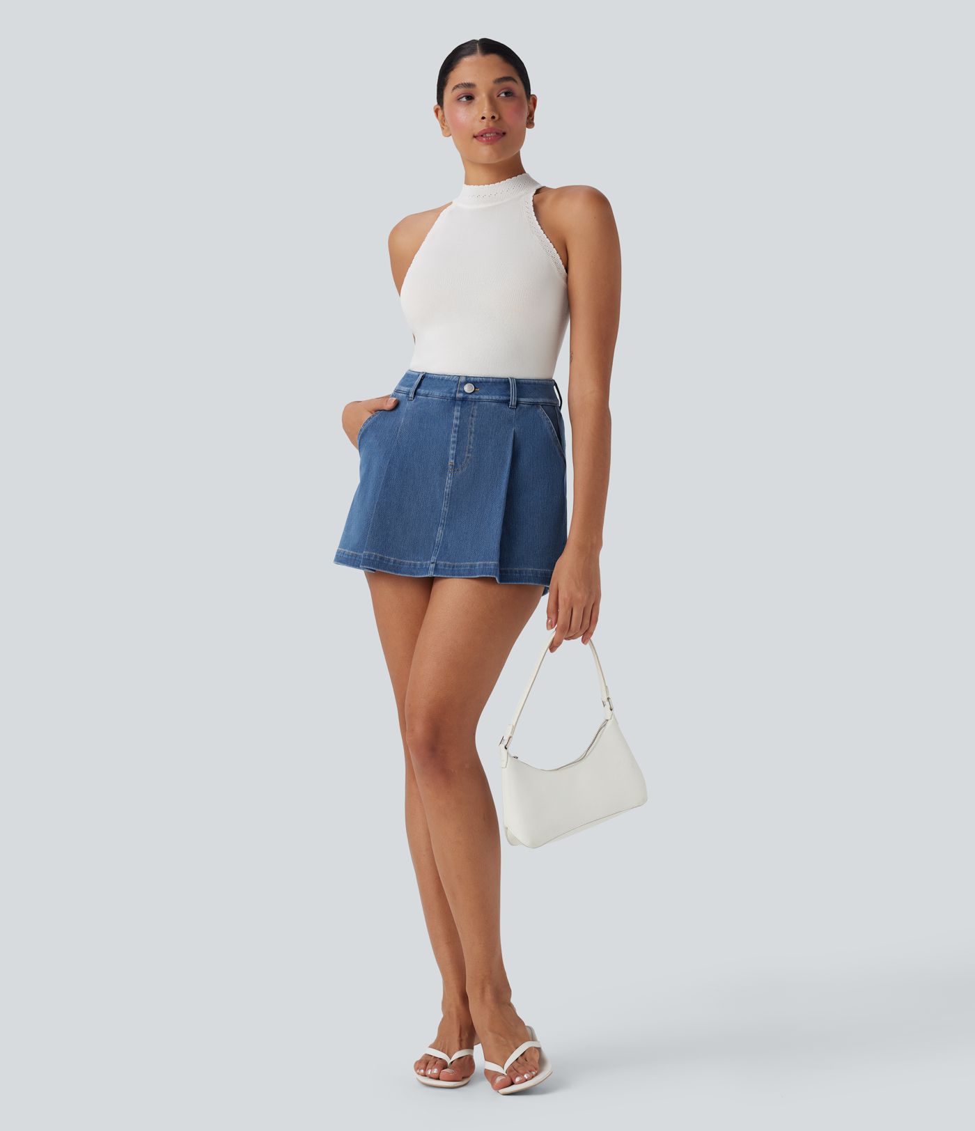 Halara Flex™ High Waisted 2-in-1 Washed Stretchy Knit Denim Casual A-line Skort with Pockets