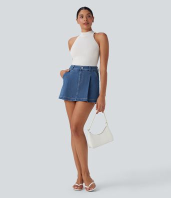 Halara Flex™ High Waisted 2-in-1 Washed Stretchy Knit Denim Casual A-line Skort with Pockets