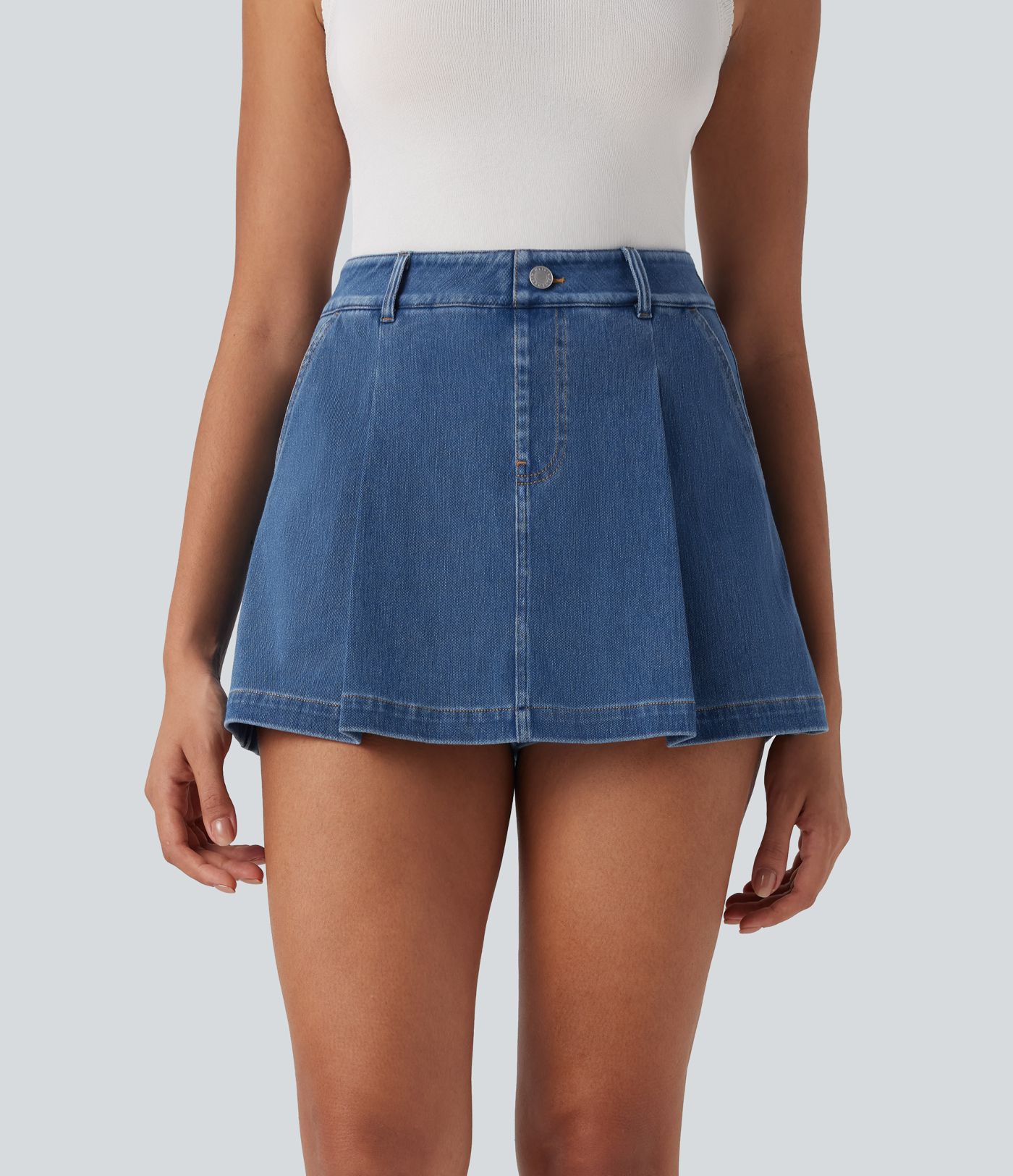 Halara Flex™ High Waisted 2-in-1 Washed Stretchy Knit Denim Casual A-line Skort with Pockets
