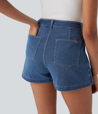 Halara Flex™ High Waisted 2-in-1 Washed Stretchy Knit Denim Casual A-line Skort with Pockets