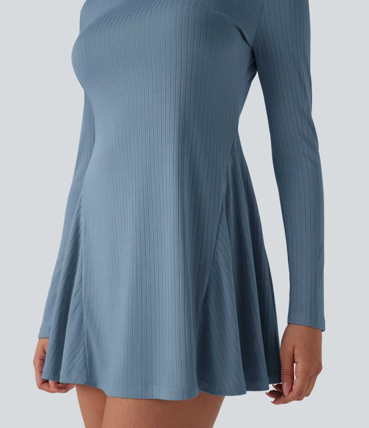 Ribbed Knit Mock-neck Long Sleeve Mini Casual Dress