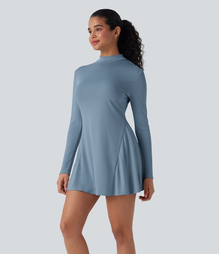 Ribbed Knit Mock-neck Long Sleeve Mini Casual Dress