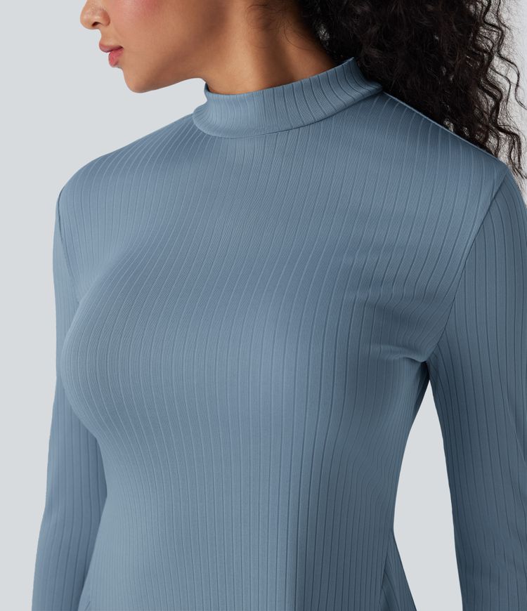 Ribbed Knit Mock-neck Long Sleeve Mini Casual Dress