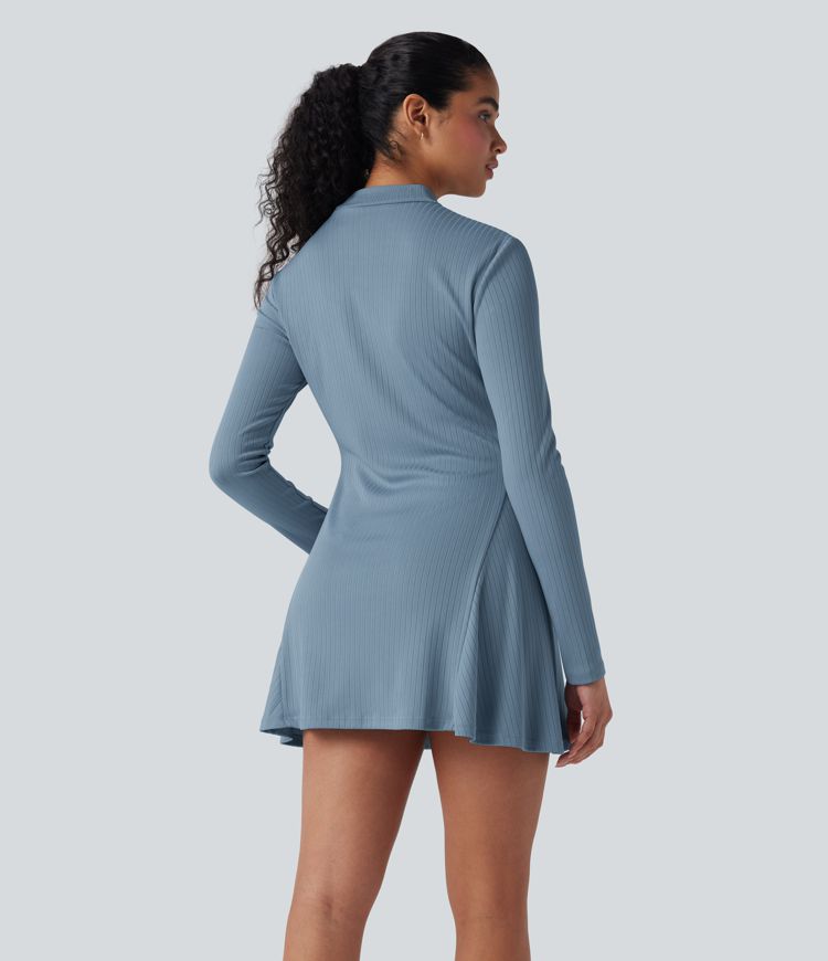 Ribbed Knit Mock-neck Long Sleeve Mini Casual Dress