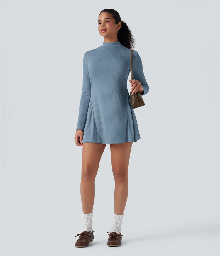 Ribbed Knit Mock-neck Long Sleeve Mini Casual Dress