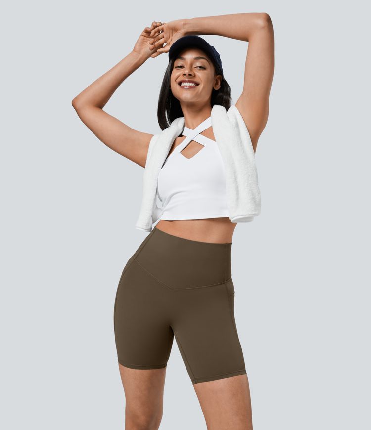 Halara UltraSculpt™ High Waisted Tummy Control Shaping Women Gym Running Biker Shorts 7'' With Pockets