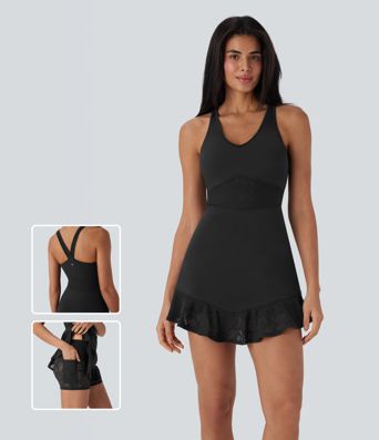 Vestido mini activo de yoga de dos piezas con encaje de contraste SoftlyZero™ con bolsillo