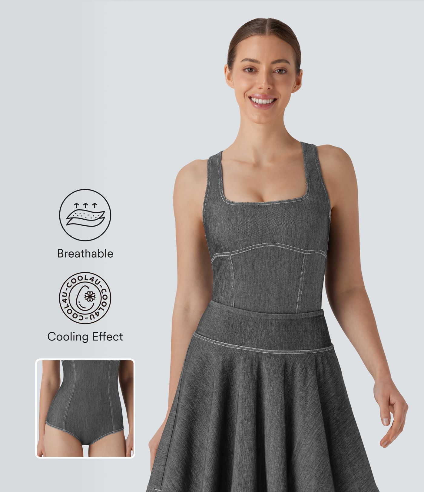 Halara Flex™ Square Neck Racerback Cool Touch Washed Denim Tennis Bodysuit