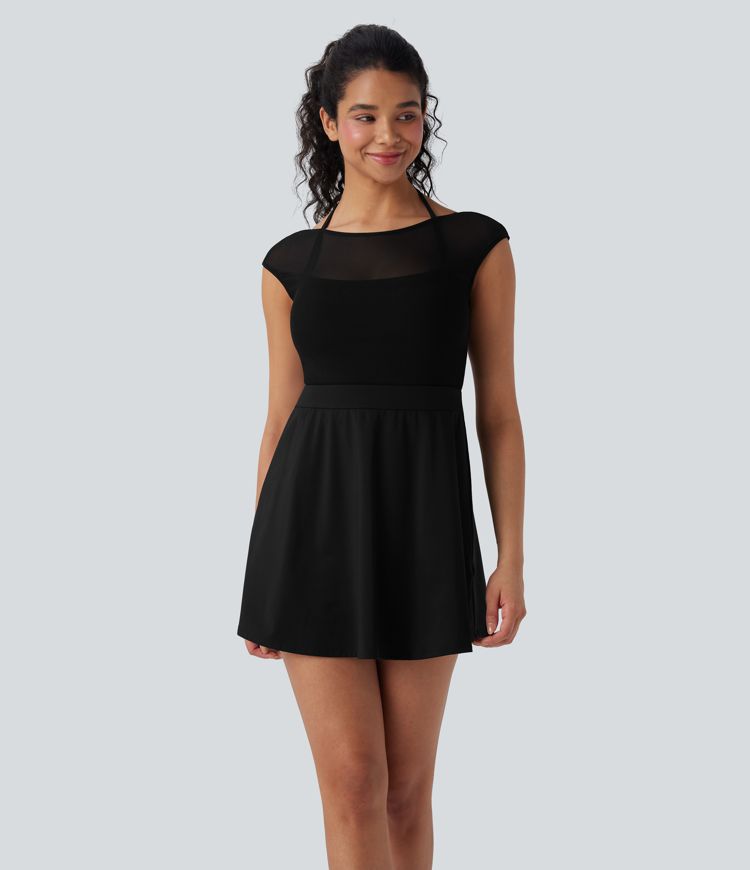 Softlyzero™ Airy Halter Backless Adjustable Buckle Contrast Mesh Cool Touch Yoga Active Dress-Easy Peezy-UPF50+