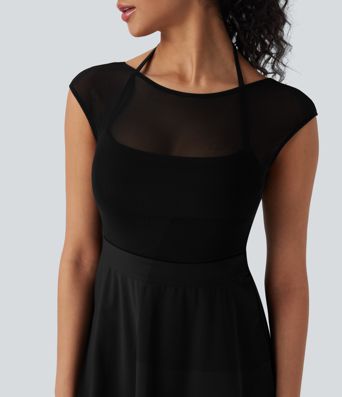 SoftlyZero™ Airy Halter Adjustable Buckle Contrast Mesh Cool Touch Yoga Active Dress-Easy Peezy-UPF50+