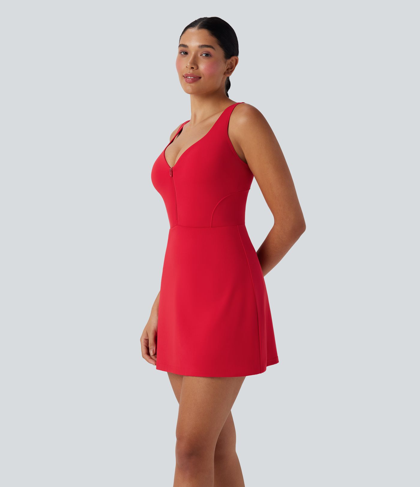 Vestido deportivo 2 en 1 de yoga Softlyzero™ con copas moldeadas, tirantes ajustables y cremallera con espalda abierta y bolsillos - Easy Peezy